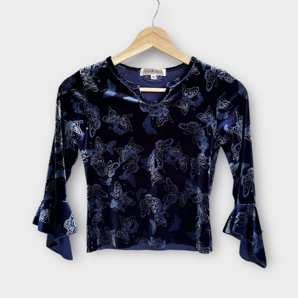 Vintage Y2K Velvet Stretch Butterfly Notch Neck Crop‎ Top
